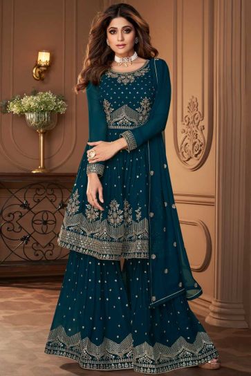 Shamita Shetty Georgette Fabric Teal Color Tempting Sharara Suit