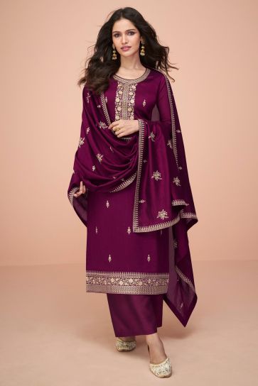 Vartika Singh Wine Color Silk Fabric Embroidered Classic Salwar Suit