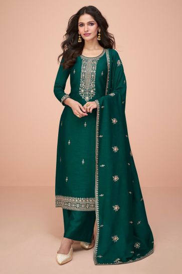 Vartika Singh Dark Green Color Silk Fabric Embroidered Vintage Salwar Suit