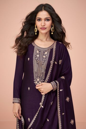 Vartika Singh Silk Fabric Embroidered Lovely Salwar Suit In Purple Color