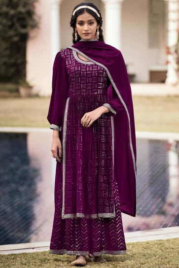 Georgette Fabric Exquisite Sequins Work Palazzo Suit In Purple Color