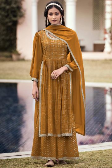 Ingenious Georgette Fabric Mustard Color Sequins Work Palazzo Suit
