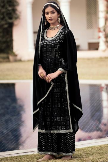 Black Color Georgette Fabric Sequins Work Appealing Palazzo Suit