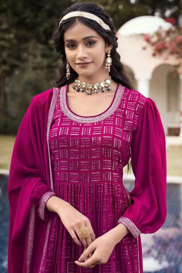 Georgette Fabric Sequins Work Wonderful Palazzo Suit In Magenta Color