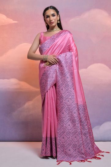 Pink Color Weaving Border Work Function Wear Handloom Raw Silk Saree