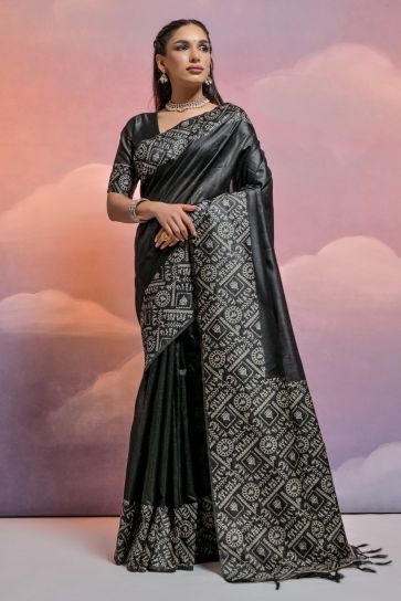 Attractive Black Color Weaving Border Work Handloom Raw Silk Traditional Saree