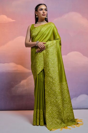 Festive Wear Handloom Raw Silk Green Color Weaving Border Work Saree