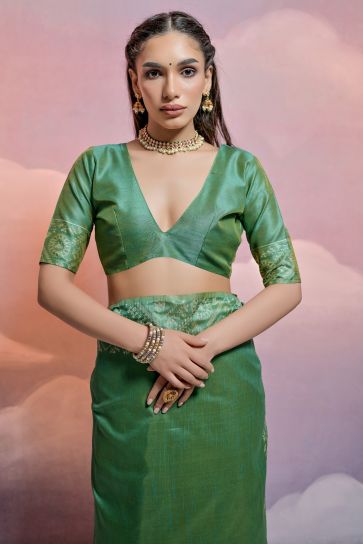 Sea Green Color Handloom Raw Silk Designer Weaving Border Saree For Wedding Function