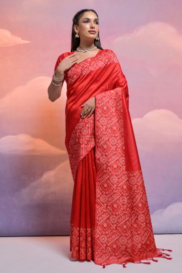 Red Color Handloom Raw Silk Weaving Border Work Saree