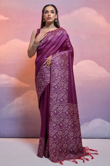 Handloom Raw Silk Weaving Border Work Saree In Purple Color