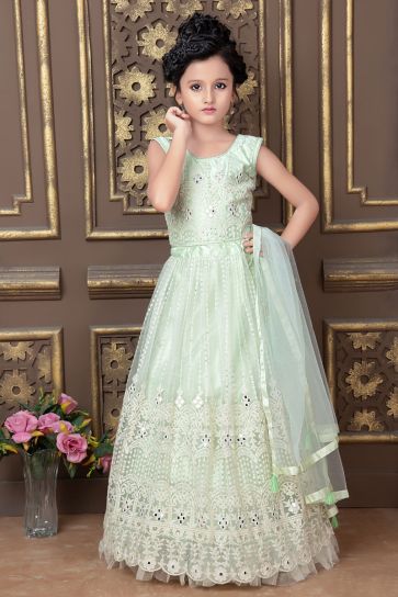 Sea Green Embroidered Function Wear Readymade Kids Lehenga Choli In Net Fabric