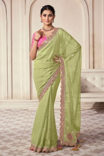 Border Work Soothing Function Wear Art Silk Saree In Green Color