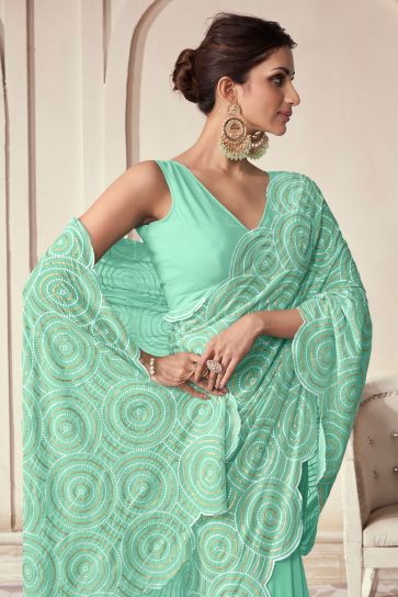 Sea Green Color Glorious Function Wear Georgette Saree With Sequins Work