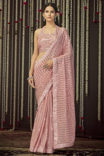 Pink Color Party Wear Solid Border Work Saree In Georgette Fabric