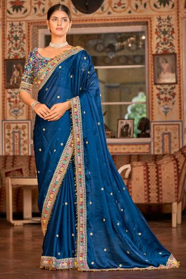 Blue Color Organza Fabric Function Wear Amazing Saree