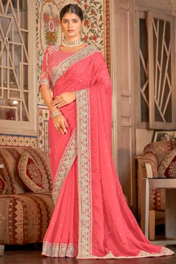 Peach Color Function Wear Gorgeous Saree In Organza Fabric