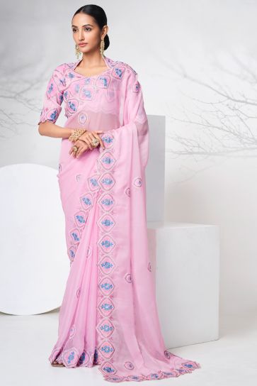 Pink Color Organza Fabric Elegant Function Look Saree