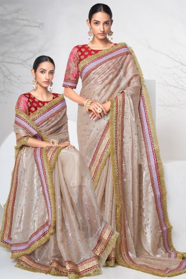 Chikoo Color Fancy Fabric Tempting Function Look Saree