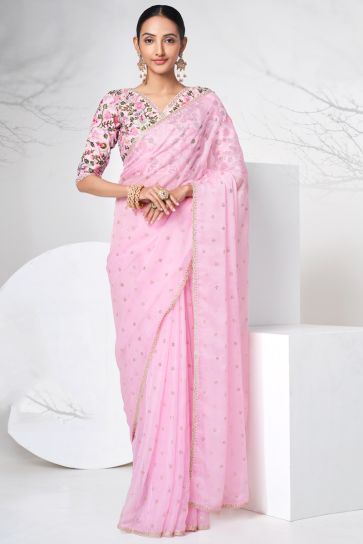 Charming Pink Color Organza Fabric Function Look Saree