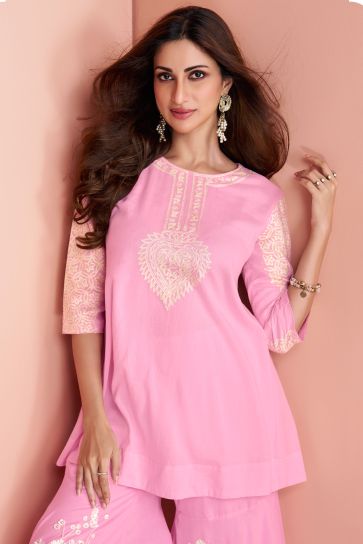Pink Color Exquisite Readymade Co-Ord Set In Georgette Fabric