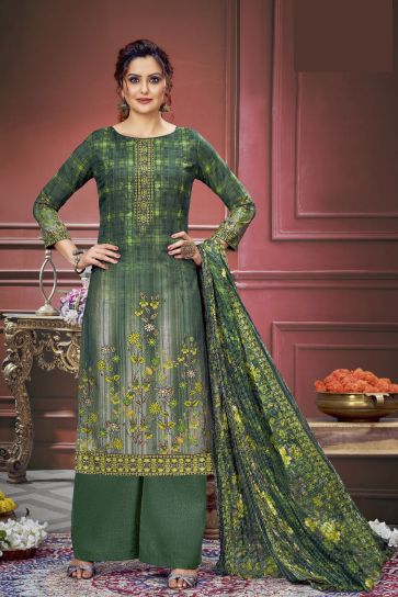 Creative Printed Work On Salwar Suit In Green Color Muslin Fabric