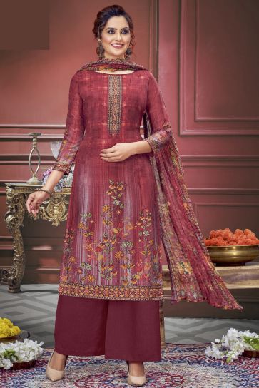 Marvellous Printed Work On Muslin Fabric Salwar Suit In Maroon Color
