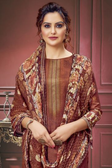 Amazing Brown Color Muslin Fabric Salwar Suit With Printed Work