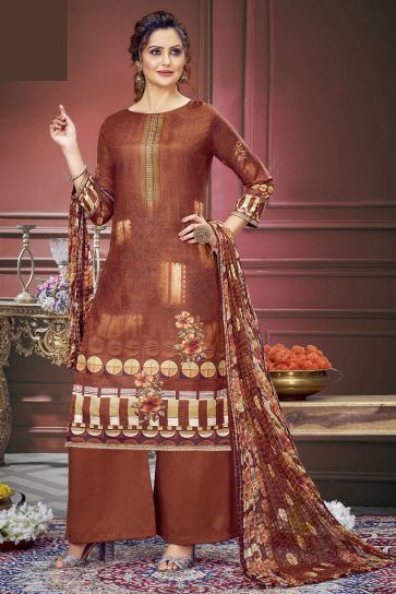 Amazing Brown Color Muslin Fabric Salwar Suit With Printed Work