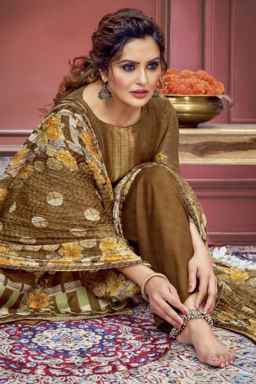 Solid Muslin Fabric Printed Work On Salwar Suit In Chikoo Color