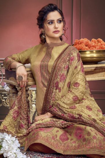 Printed Work Beige Color Muslin Fabric Beauteous Salwar Suit