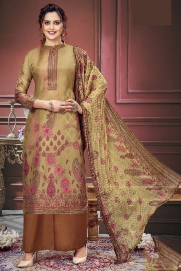 Printed Work Beige Color Muslin Fabric Beauteous Salwar Suit