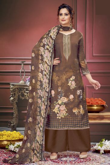 Sober Coffee Color Muslin Fabric Salwar Suit With Printed Work