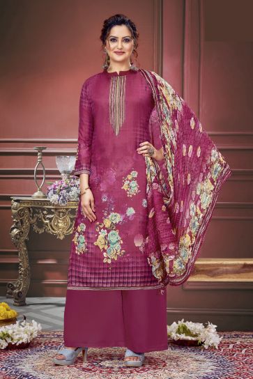 Engaging Rani Color Muslin Fabric Salwar Suit With Printed Work