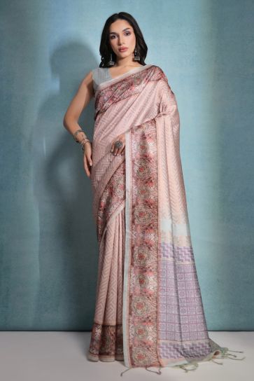 Adorable Chikoo Color Function Wear Cotton Silk Fabric Printed Border Work Design Saree
