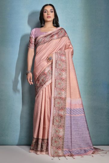 Peach Cotton Silk Fabric Designer Saree For Wedding Function