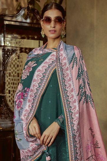 Parsi Embroidered Teal Color Long Straight Cut Salwar Suit In Art Silk Fabric
