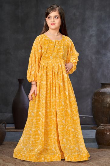 Yellow Color Georgette Fabric Function Wear Printed Readymade Kids Gown