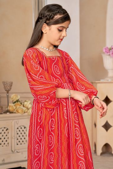 Georgette Fabric Red Color Function Wear Printed Readymade Kids Gown