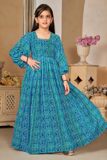 Gorgeous Cyan Color Georgette Fabric Printed Function Wear Readymade Kids Gown