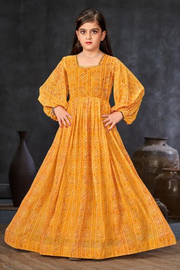 Mustard Color Georgette Fabric Function Wear Printed Readymade Kids Gown