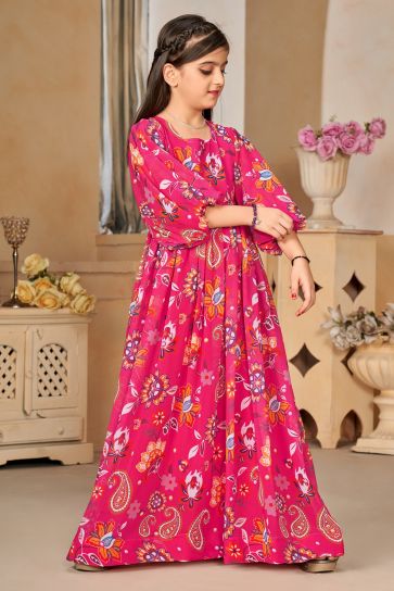 Georgette Fabric Engaging Rani Color Function Wear Printed Readymade Kids Gown