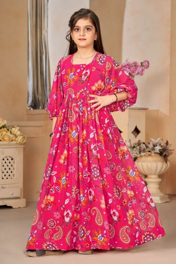 Georgette Fabric Engaging Rani Color Function Wear Printed Readymade Kids Gown