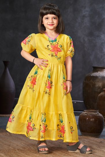 Fancy Fabric Engaging Yellow Color Function Wear Digital Printed Readymade Kids Gown