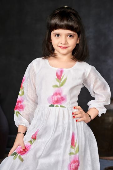 White Color Fancy Fabric Function Wear Digital Printed Readymade Kids Gown