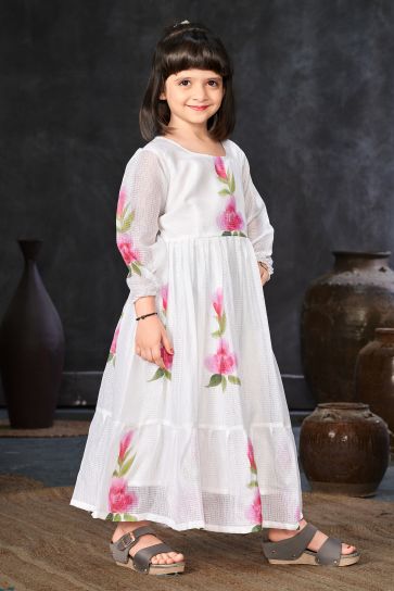 White Color Fancy Fabric Function Wear Digital Printed Readymade Kids Gown