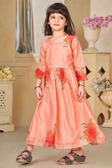 Gorgeous Peach Color Fancy Fabric Digital Printed Function Wear Readymade Kids Gown
