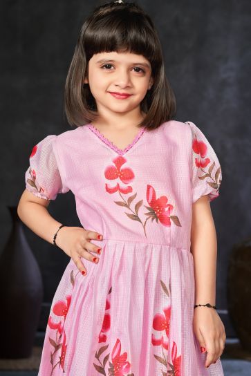 Pink Color Fancy Fabric Function Wear Digital Printed Readymade Kids Gown