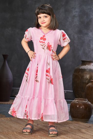 Pink Color Fancy Fabric Function Wear Digital Printed Readymade Kids Gown