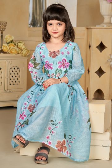 Function Wear Fancy Fabric Cyan Color Captivating Readymade Kids Gown