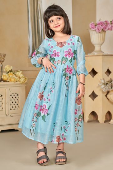Function Wear Fancy Fabric Cyan Color Captivating Readymade Kids Gown